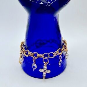 New Vintage Gold Chain Charm Bracelet Crystal Cross Pearls